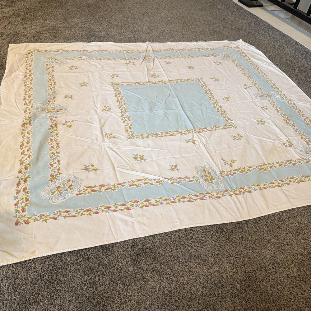 Vtg 1960's Blue & White 51" Square Tablecloth Flowers Imperfections